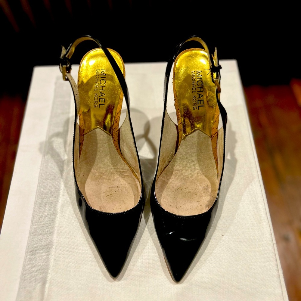 Michael Kors Black Patent Strappy Cork Heels